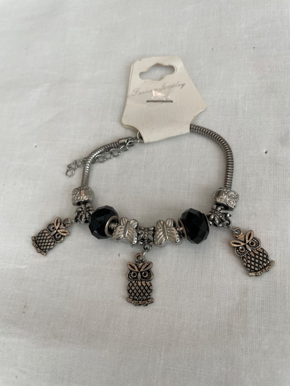 Fashion Jewelry Silver-Tone Owl Charm Bracelet with Black Beads